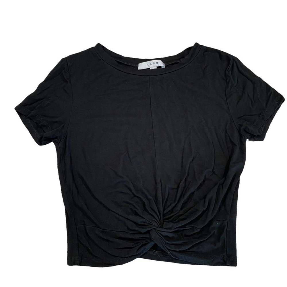 Gaze Twist Front Short Sleeve Cropped Tee, Size XS, Black